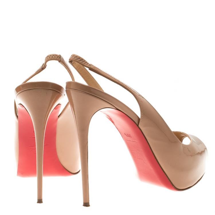 Pre Owned Christian Louboutin Beige Patent Leather Private Number Peep Toe Slingback Sandals Size 39.5