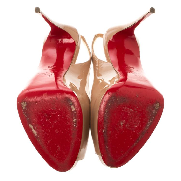 Pre Owned Christian Louboutin Beige Patent Leather Private Number Peep Toe Slingback Sandals Size 39.5