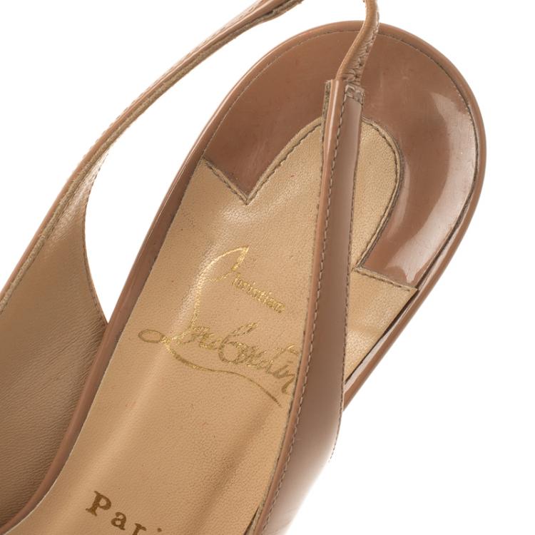Pre Owned Christian Louboutin Beige Patent Leather Private Number Peep Toe Slingback Sandals Size 39.5