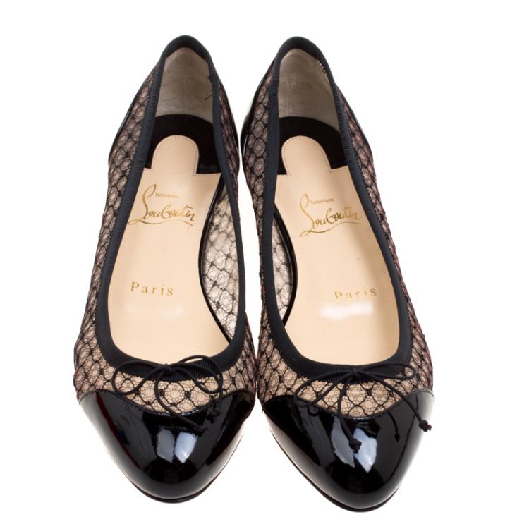 Pre Owned Christian Louboutin Black Leather and Mesh Miss Mix Bow Ballet Flats Size 37