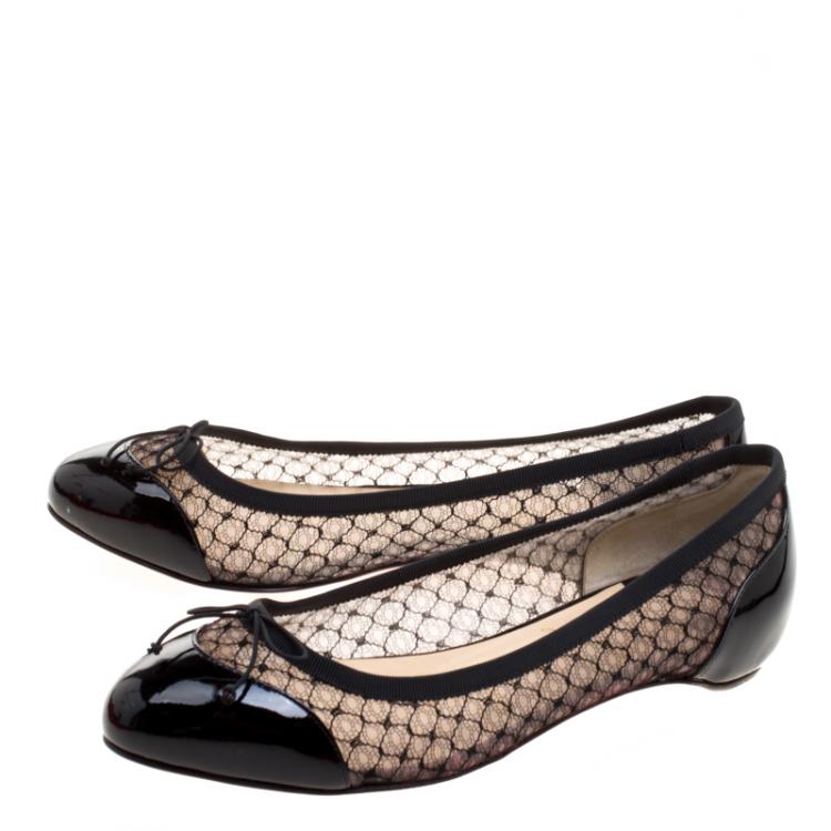 Pre Owned Christian Louboutin Black Leather and Mesh Miss Mix Bow Ballet Flats Size 37