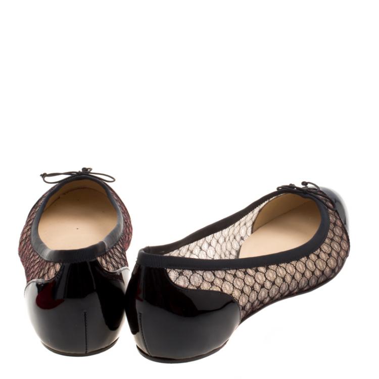 Pre Owned Christian Louboutin Black Leather and Mesh Miss Mix Bow Ballet Flats Size 37