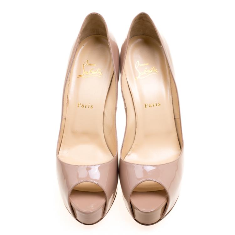 Pre Owned Christian Louboutin Beige Patent Leather Hyper Prive Peep Toe Platform Pumps  Size 40.5