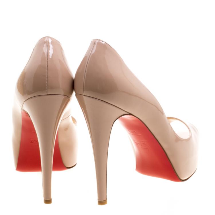 Pre Owned Christian Louboutin Beige Patent Leather Hyper Prive Peep Toe Platform Pumps  Size 40.5