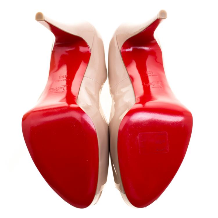 Pre Owned Christian Louboutin Beige Patent Leather Hyper Prive Peep Toe Platform Pumps  Size 40.5