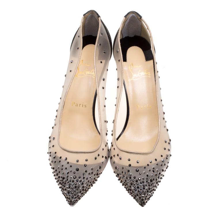 Pre Owned Christian Louboutin Crystal Embellished Mesh Follies Strass Pointed Toe Pumps Size 38