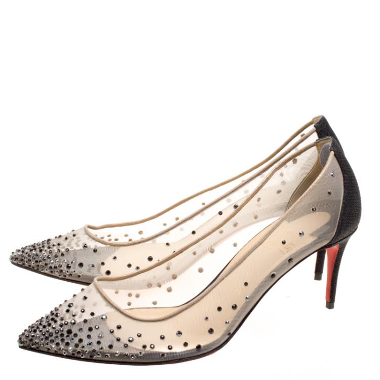 Pre Owned Christian Louboutin Crystal Embellished Mesh Follies Strass Pointed Toe Pumps Size 38