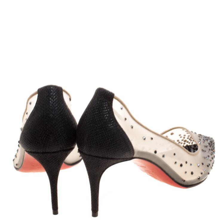 Pre Owned Christian Louboutin Crystal Embellished Mesh Follies Strass Pointed Toe Pumps Size 38