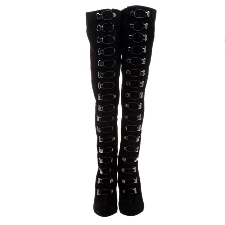 Pre Owned Christian Louboutin Black Suede Croche Knee Length Boots Size 38