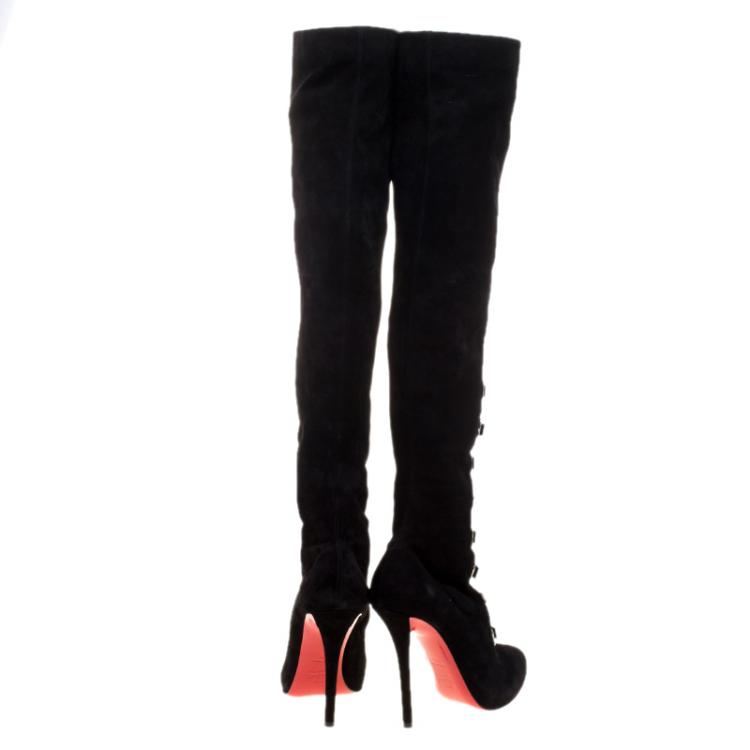 Pre Owned Christian Louboutin Black Suede Croche Knee Length Boots Size 38
