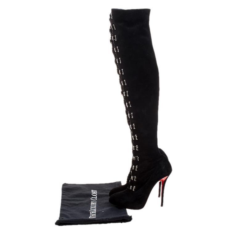 Pre Owned Christian Louboutin Black Suede Croche Knee Length Boots Size 38