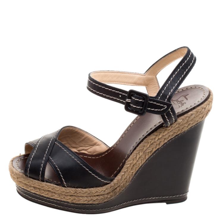 Pre Owned Christian Louboutin Black Leather Almeria Cross Strap Espadrille Wedge Sandals Size 39