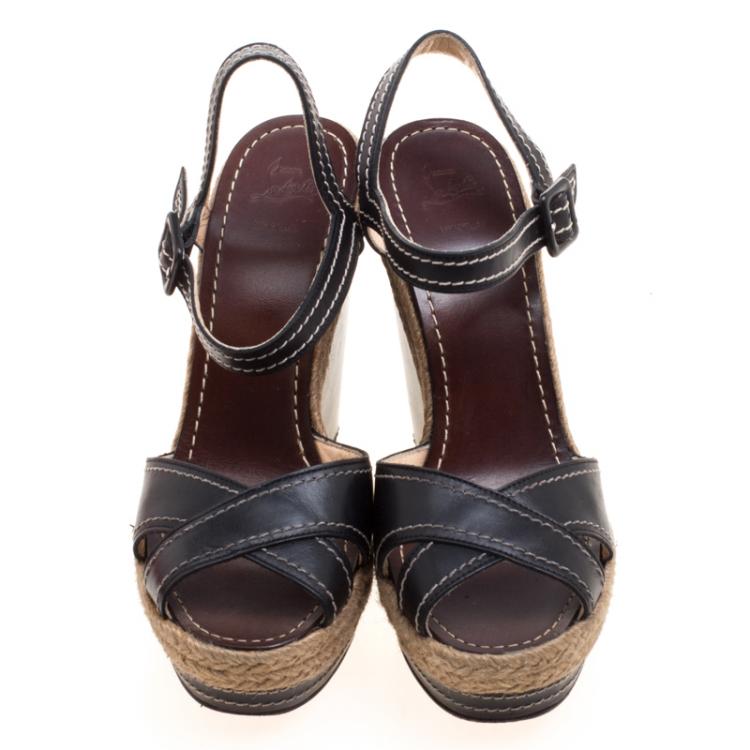 Pre Owned Christian Louboutin Black Leather Almeria Cross Strap Espadrille Wedge Sandals Size 39