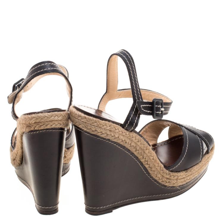 Pre Owned Christian Louboutin Black Leather Almeria Cross Strap Espadrille Wedge Sandals Size 39
