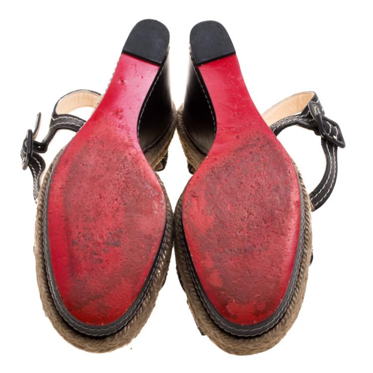 Pre Owned Christian Louboutin Black Leather Almeria Cross Strap Espadrille Wedge Sandals Size 39