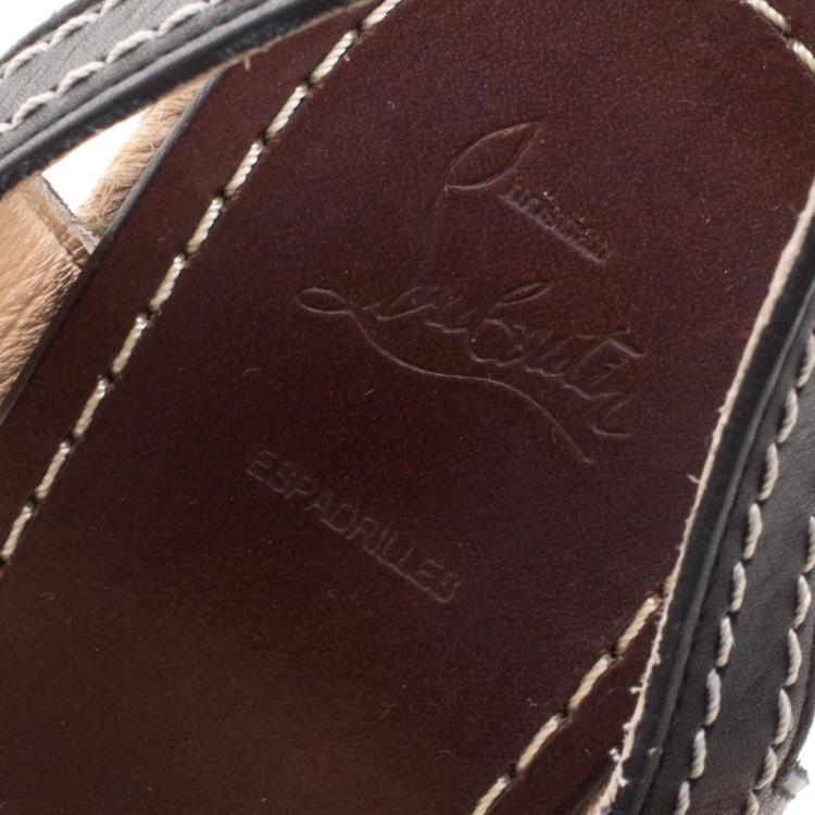 Pre Owned Christian Louboutin Black Leather Almeria Cross Strap Espadrille Wedge Sandals Size 39