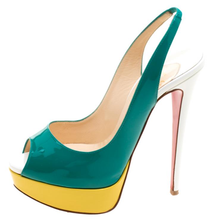 Pre Owned Christian Louboutin Tricolor Patent Leather Lady Peep Toe Platform Slingback Sandals Size 36.5