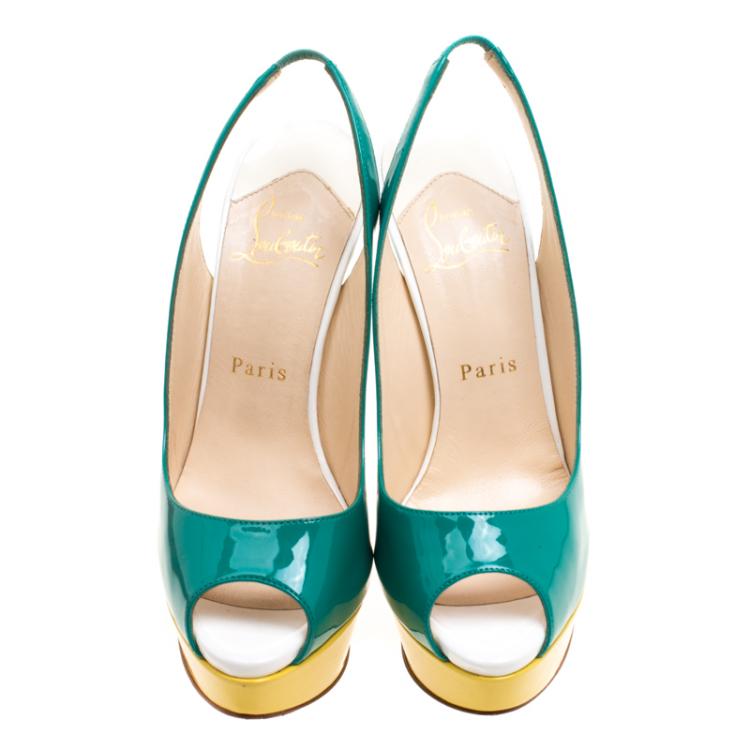 Pre Owned Christian Louboutin Tricolor Patent Leather Lady Peep Toe Platform Slingback Sandals Size 36.5