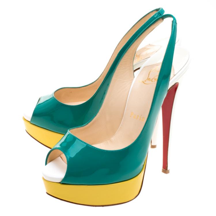 Pre Owned Christian Louboutin Tricolor Patent Leather Lady Peep Toe Platform Slingback Sandals Size 36.5