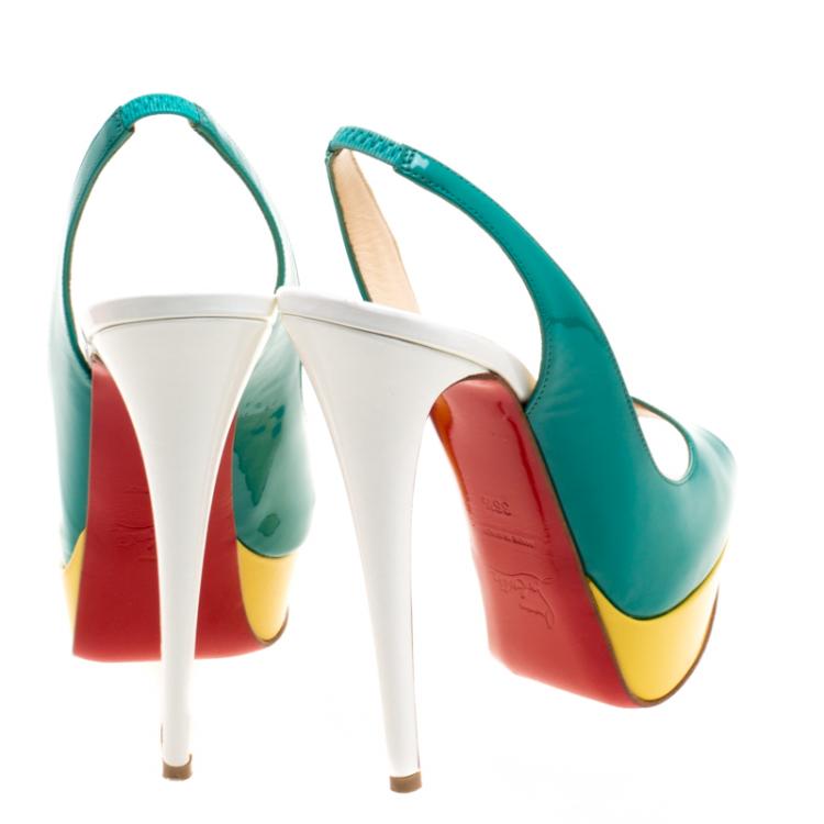 Pre Owned Christian Louboutin Tricolor Patent Leather Lady Peep Toe Platform Slingback Sandals Size 36.5