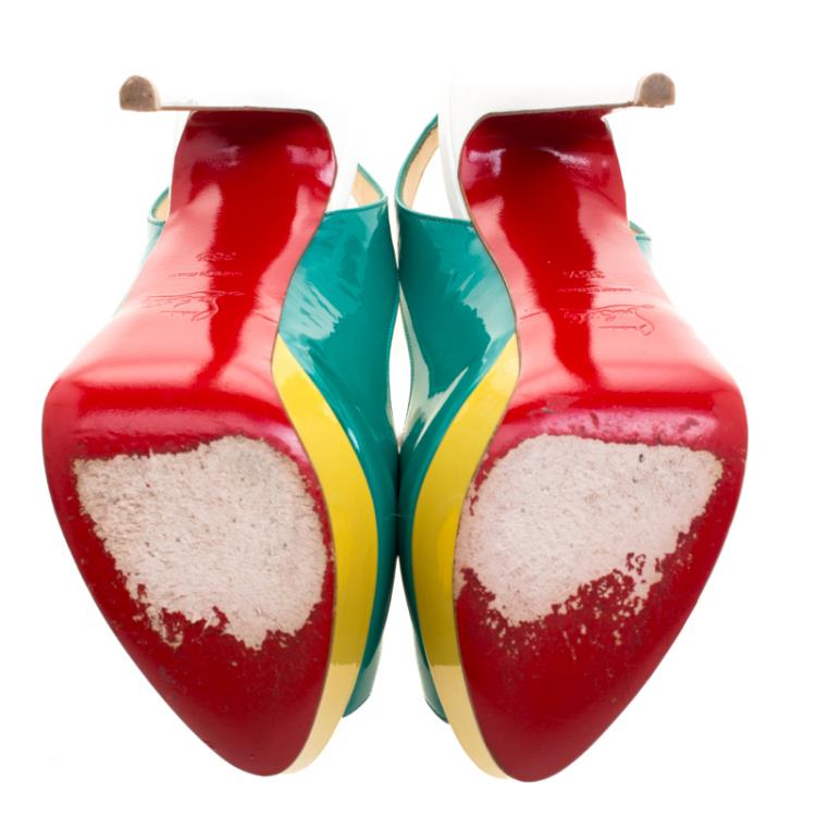 Pre Owned Christian Louboutin Tricolor Patent Leather Lady Peep Toe Platform Slingback Sandals Size 36.5
