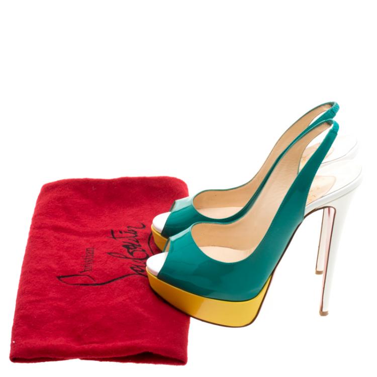 Pre Owned Christian Louboutin Tricolor Patent Leather Lady Peep Toe Platform Slingback Sandals Size 36.5