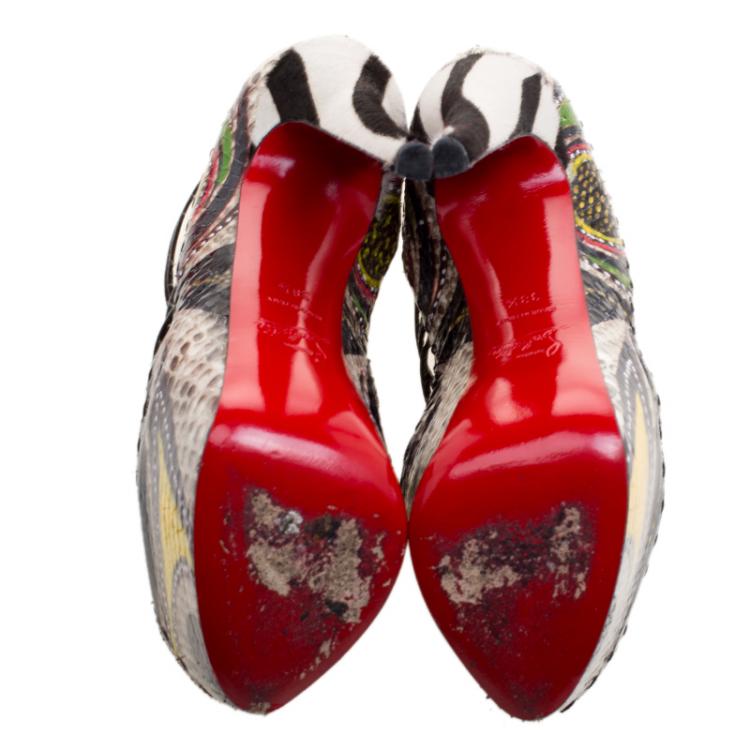 Pre Owned Christian Louboutin Multicolor Python and Pony Hair Zoulou Strappy Platform Sandals Size 38.5