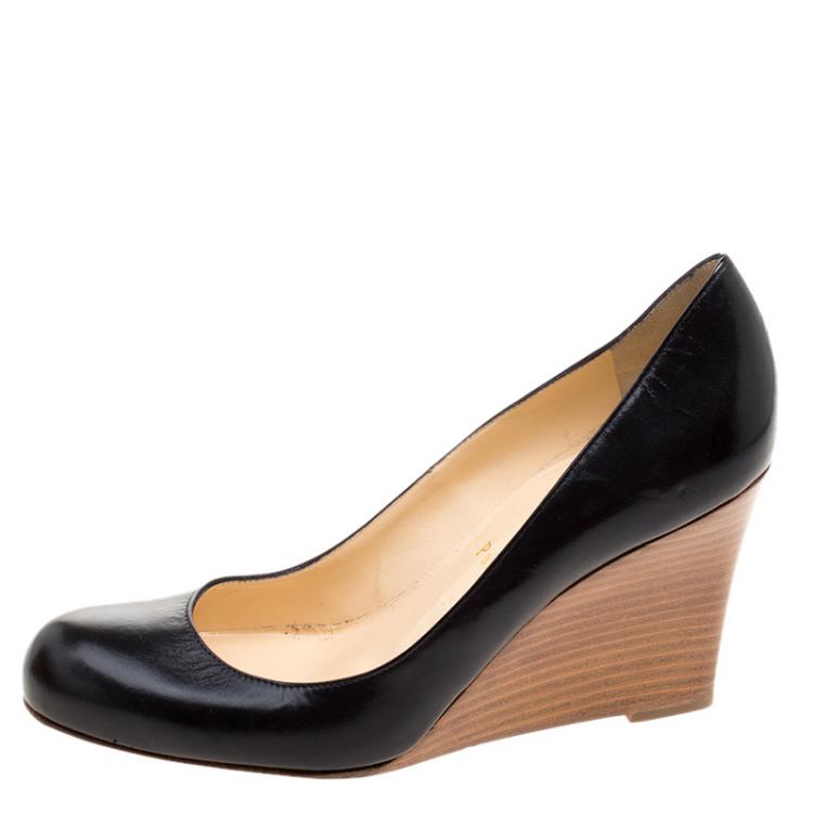 Pre Owned Christian Louboutin Black Leather Miss Boxe Wedge Pumps Size 37