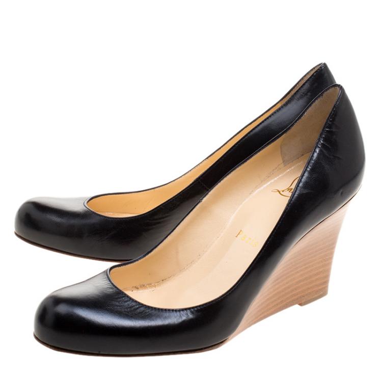 Pre Owned Christian Louboutin Black Leather Miss Boxe Wedge Pumps Size 37