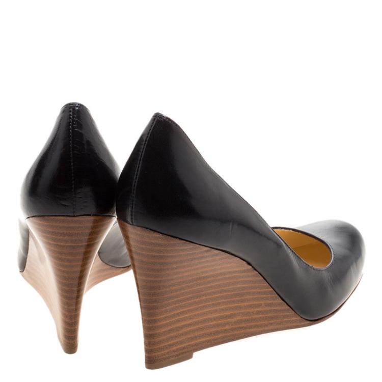 Pre Owned Christian Louboutin Black Leather Miss Boxe Wedge Pumps Size 37