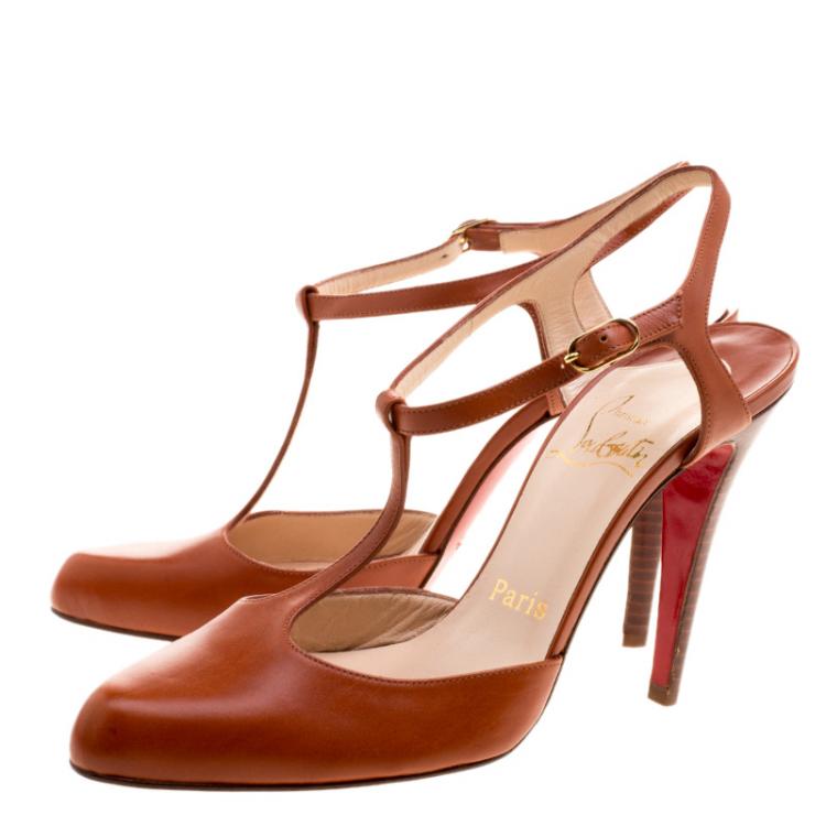 Pre Owned Christian Louboutin Copper Leather Me Pam T Strap Sandals Size 38