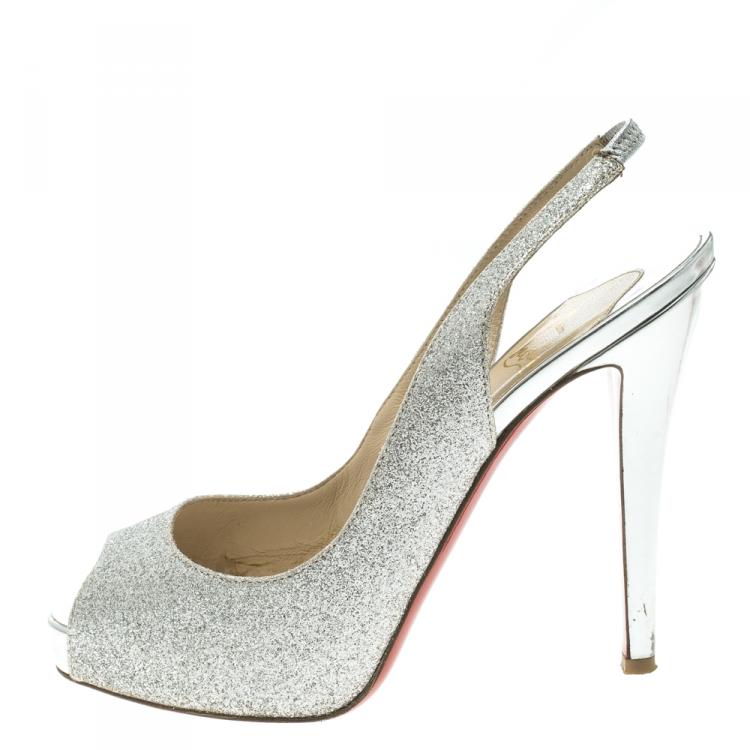 Pre Owned Christian Louboutin Silver Glitter Leather N°Prive Peep Toe Slingback Sandals Size 38.5