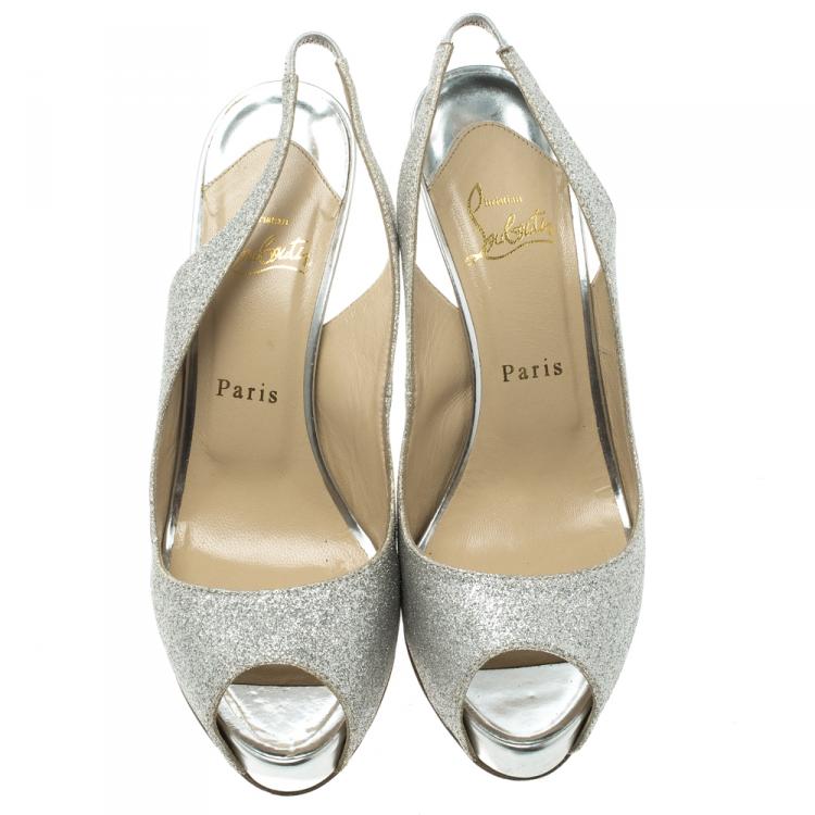 Pre Owned Christian Louboutin Silver Glitter Leather N°Prive Peep Toe Slingback Sandals Size 38.5