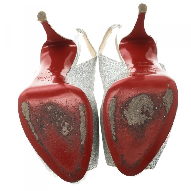 Pre Owned Christian Louboutin Silver Glitter Leather N°Prive Peep Toe Slingback Sandals Size 38.5