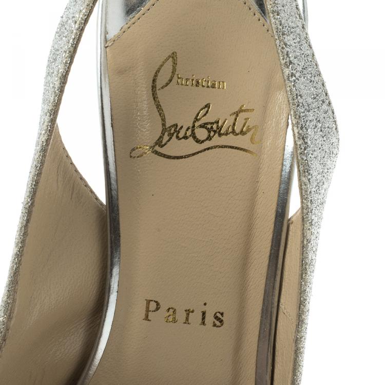 Pre Owned Christian Louboutin Silver Glitter Leather N°Prive Peep Toe Slingback Sandals Size 38.5