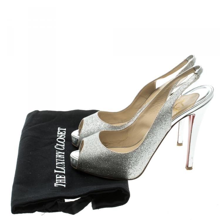 Pre Owned Christian Louboutin Silver Glitter Leather N°Prive Peep Toe Slingback Sandals Size 38.5