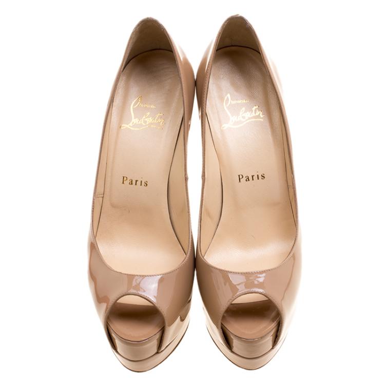 Pre Owned Christian Louboutin Beige Patent Leather Altadama Peep Toe Platform Pumps Size 37