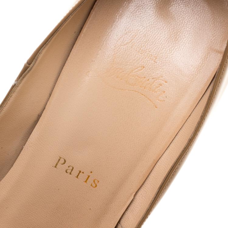Pre Owned Christian Louboutin Beige Patent Leather Banana Cork Heel Peep Toe Platform Pumps Size 38.5
