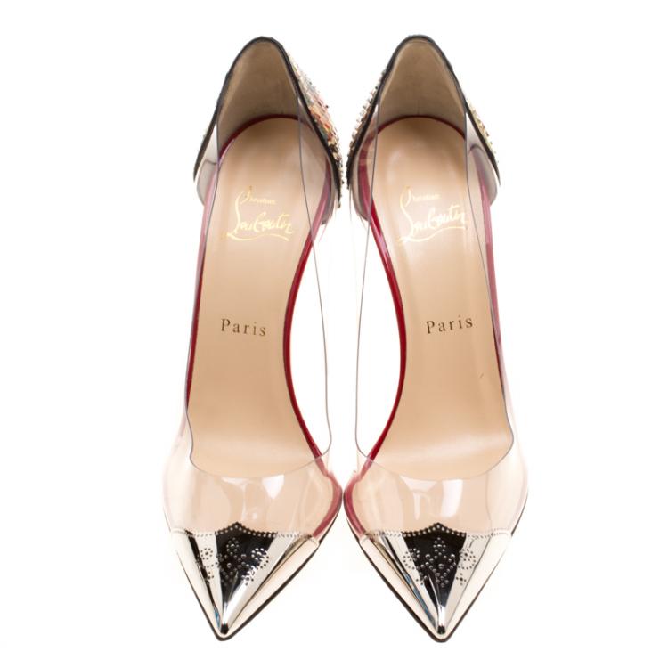 Pre Owned Christian Louboutin Multicolor Printed Python Leather and PVC Djalouzi Metal Cap Pointed Toe Pumps Size 39