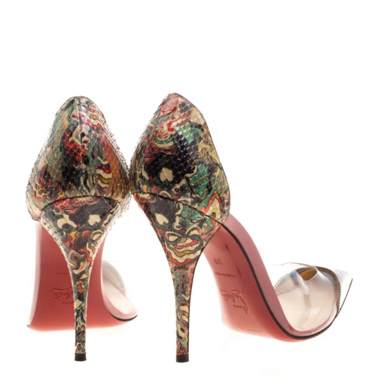 Pre Owned Christian Louboutin Multicolor Printed Python Leather and PVC Djalouzi Metal Cap Pointed Toe Pumps Size 39