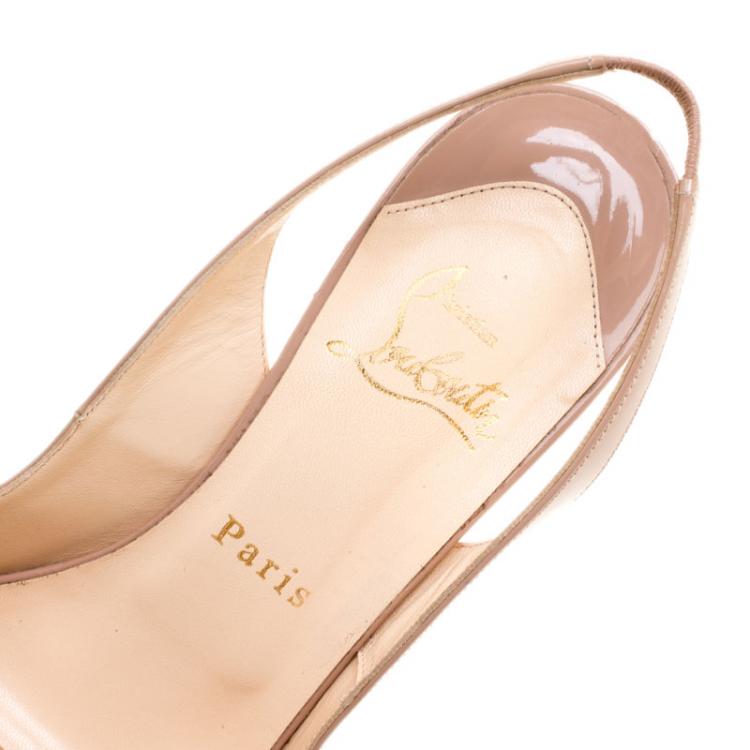 Pre Owned Christian Louboutin Beige Patent Leather Private Number Peep Toe Slingback Sandals Size 37