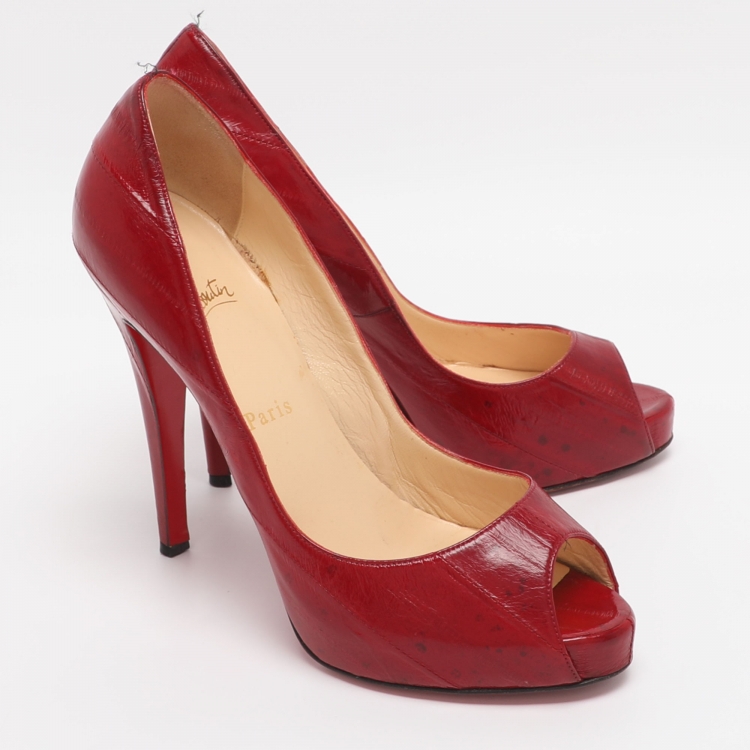 Pre Owned Christian Louboutin Very Prive Size 38.5 Red Eel Leather Peep Toe Pumps