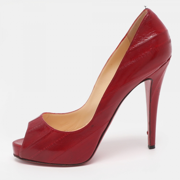 Pre Owned Christian Louboutin Very Prive Size 38.5 Red Eel Leather Peep Toe Pumps