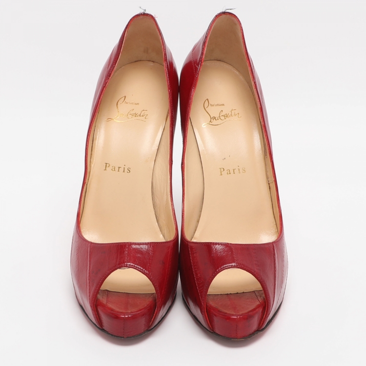 Pre Owned Christian Louboutin Very Prive Size 38.5 Red Eel Leather Peep Toe Pumps