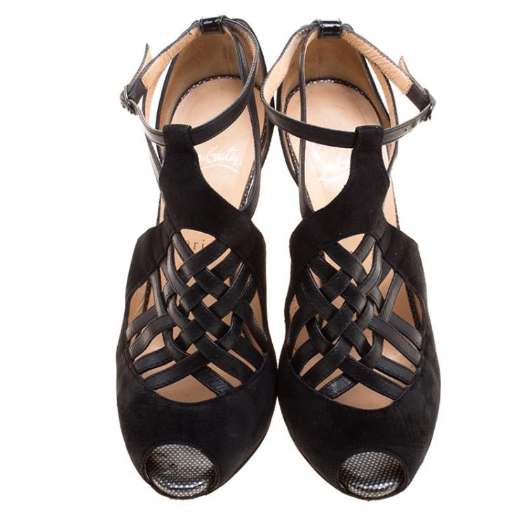 Pre Owned Christian Louboutin Black Suede and Braided Leather Carlota Cut Out Peep Toe Sandals Size 37