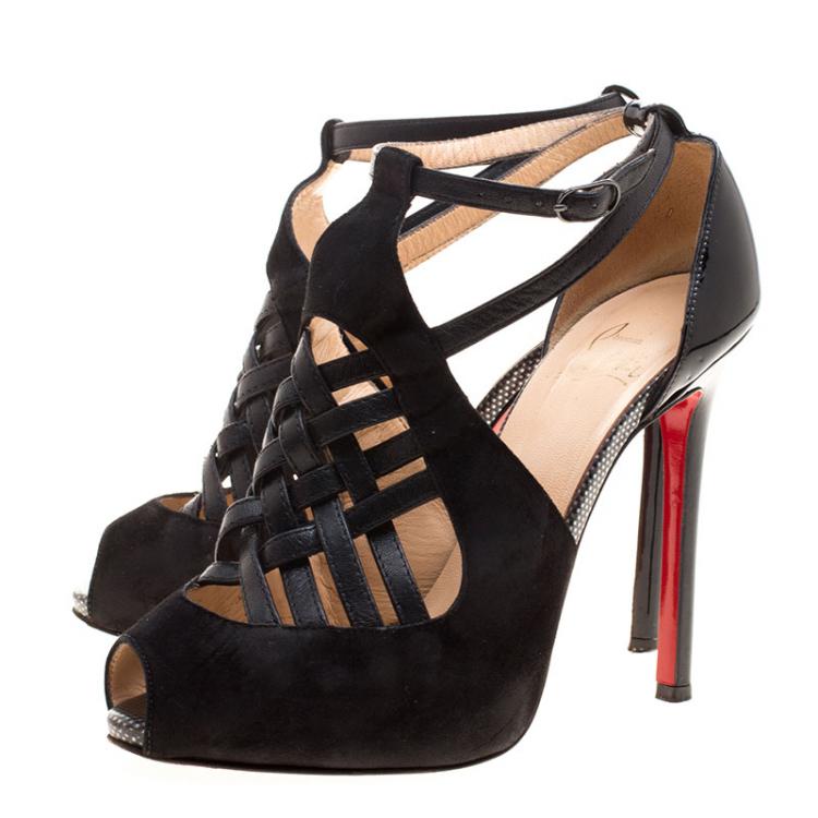 Pre Owned Christian Louboutin Black Suede and Braided Leather Carlota Cut Out Peep Toe Sandals Size 37