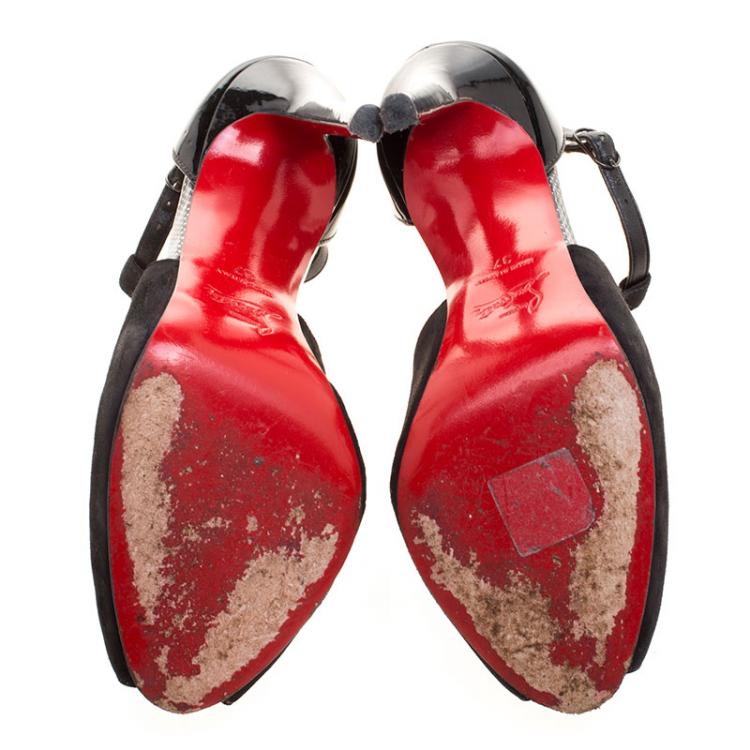 Pre Owned Christian Louboutin Black Suede and Braided Leather Carlota Cut Out Peep Toe Sandals Size 37