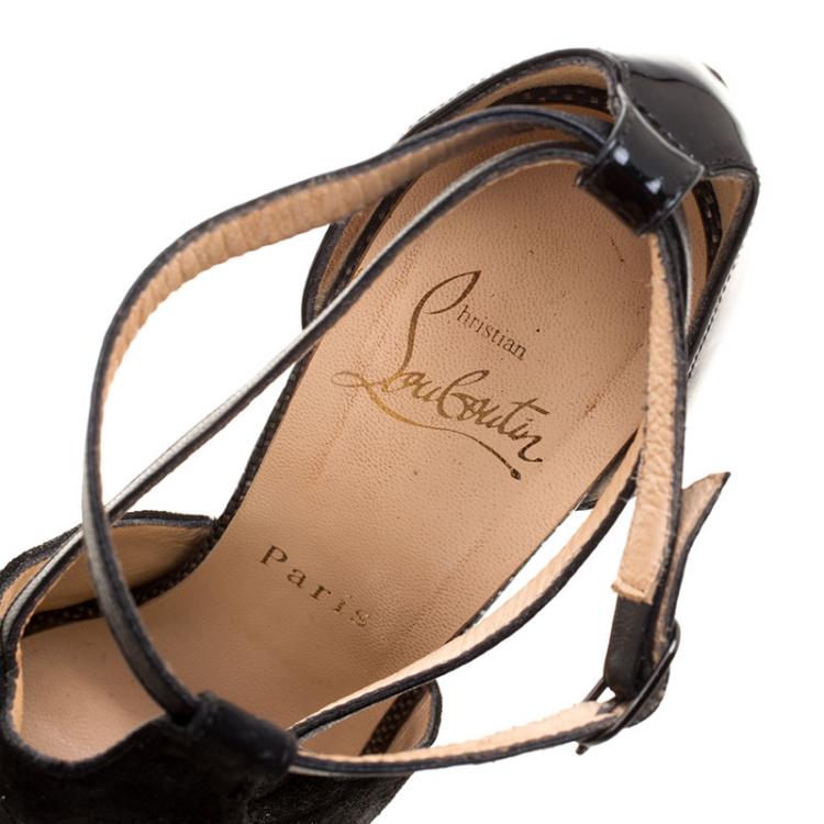 Pre Owned Christian Louboutin Black Suede and Braided Leather Carlota Cut Out Peep Toe Sandals Size 37