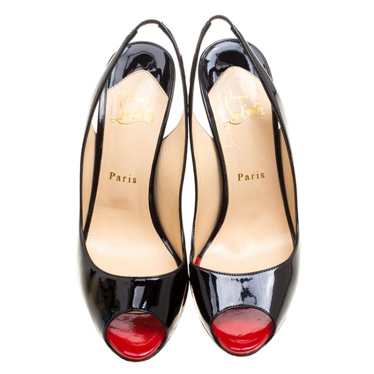 Pre Owned Christian Louboutin Black Patent Leather Flo Peep Toe Slingback Sandals Size 38