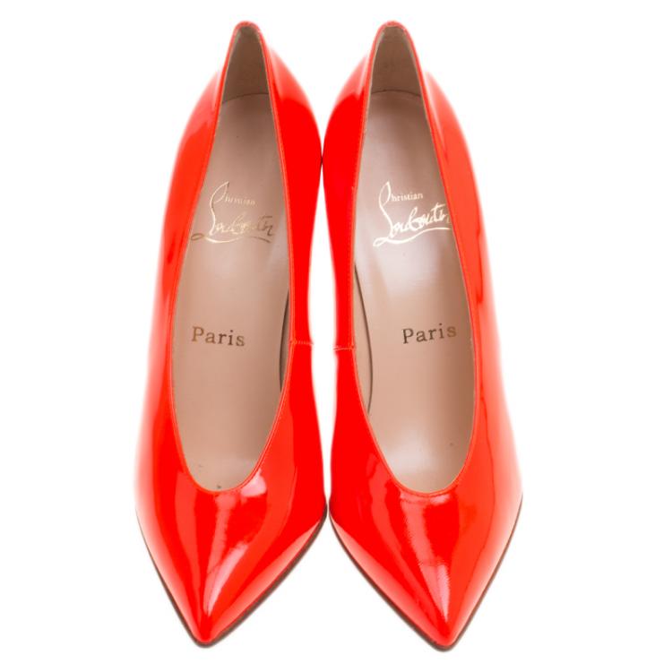 Pre Owned Christian Louboutin Neon Orange Patent Leather Lola 100 Pumps Size 39
